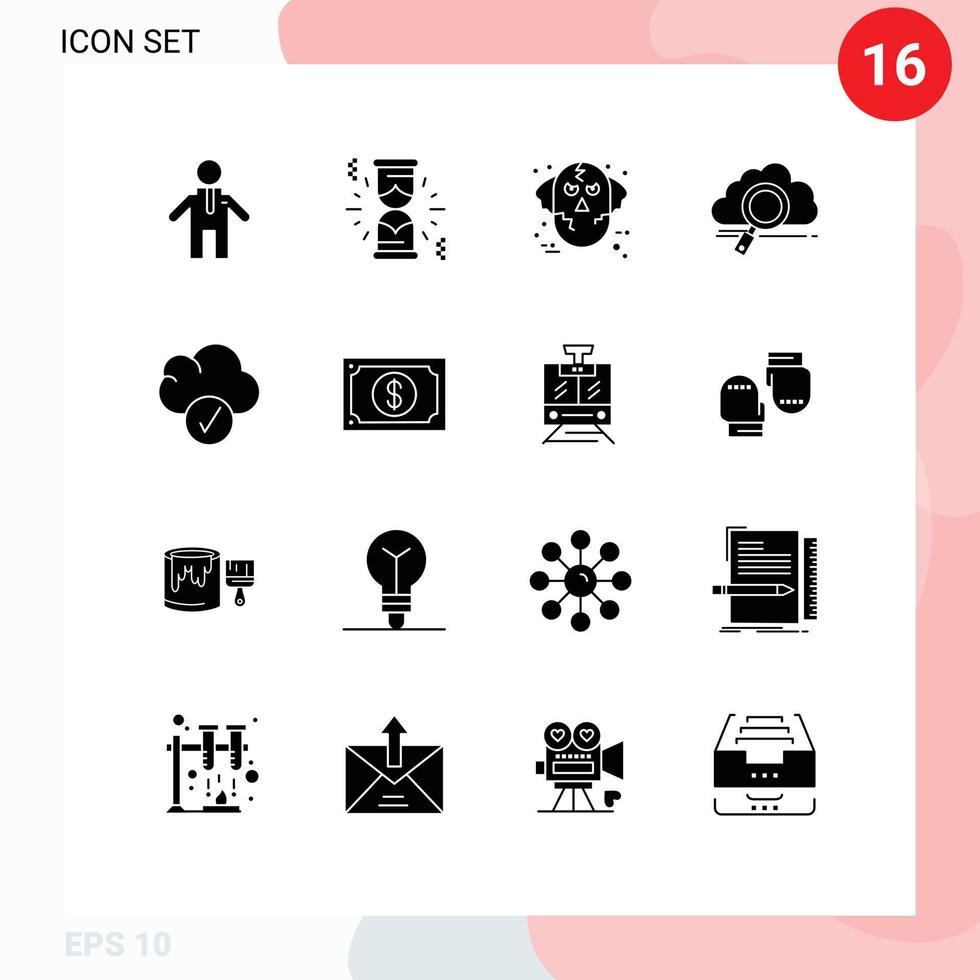Gruppe von 16 modern solide Glyphen einstellen zum Daten Wolke Ware Wolf Computing Lager editierbar Vektor Design Elemente