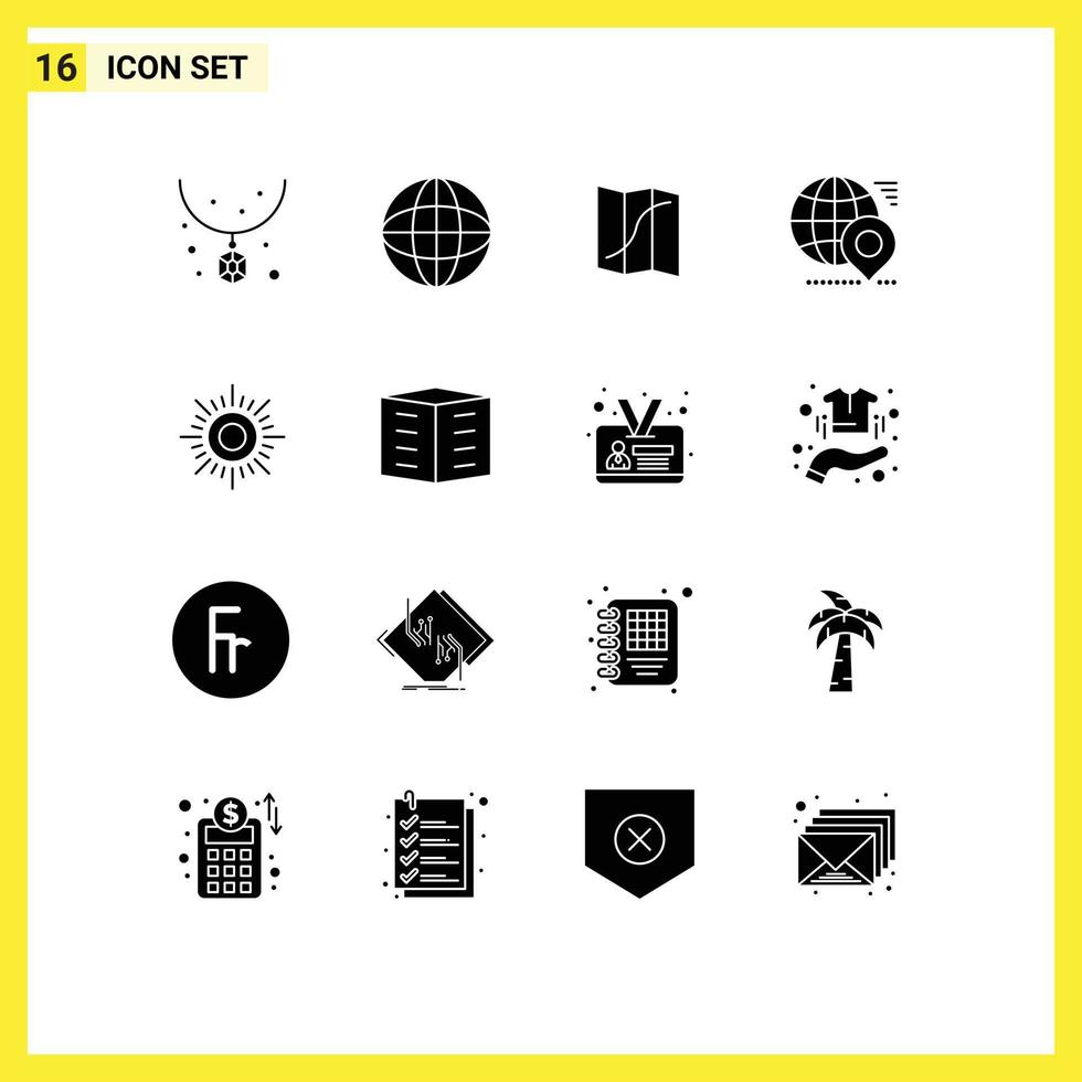 Benutzer Schnittstelle Pack von 16 Basic solide Glyphen von Sonne Stift Karte Karte Globus editierbar Vektor Design Elemente