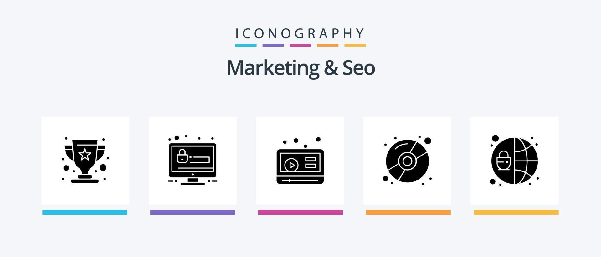 marknadsföring och seo glyf 5 ikon packa Inklusive seo. nätverk. marknadsföring. marknadsföring. kompakt. kreativ ikoner design vektor