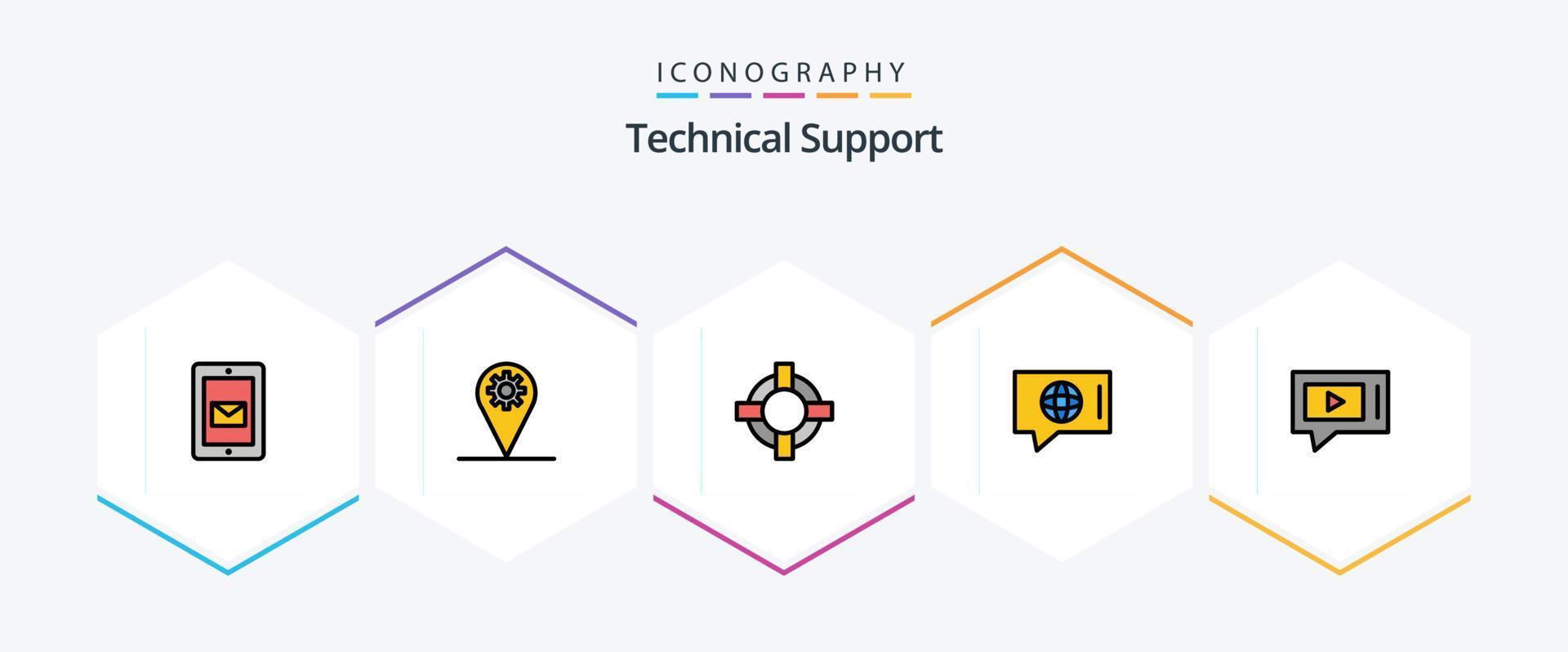 teknisk Stöd 25 fylld linje ikon packa Inklusive video. chatt. hjälp. service. värld vektor
