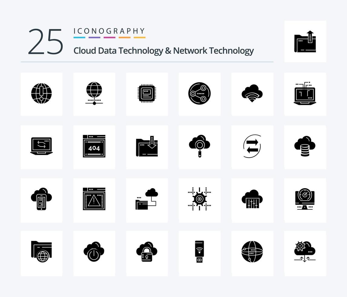 Wolke Daten Technologie und Netzwerk Technologie 25 solide Glyphe Symbol Pack einschließlich Netzwerk. Signal. Aktie. W-lan. Wolke vektor