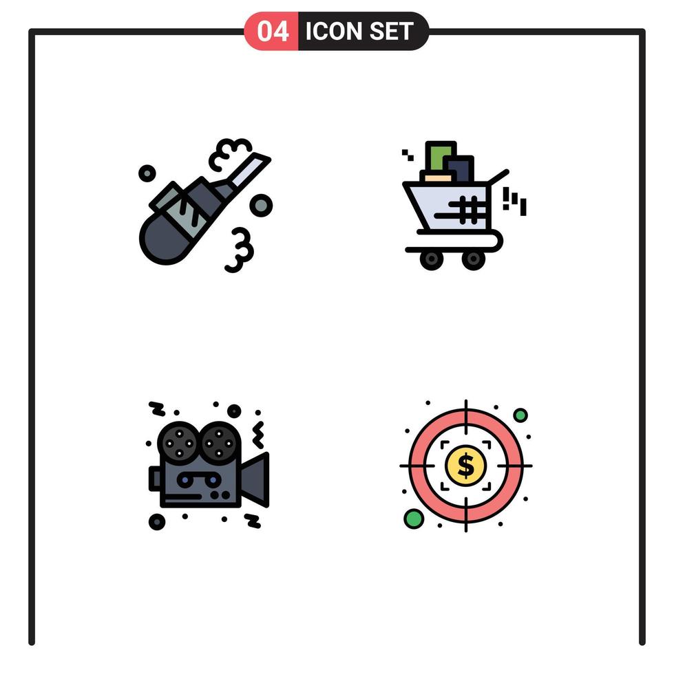 4 universell fylld linje platt färger uppsättning för webb och mobil tillämpningar rengöringsmedel kamera rör seo filma redigerbar vektor design element