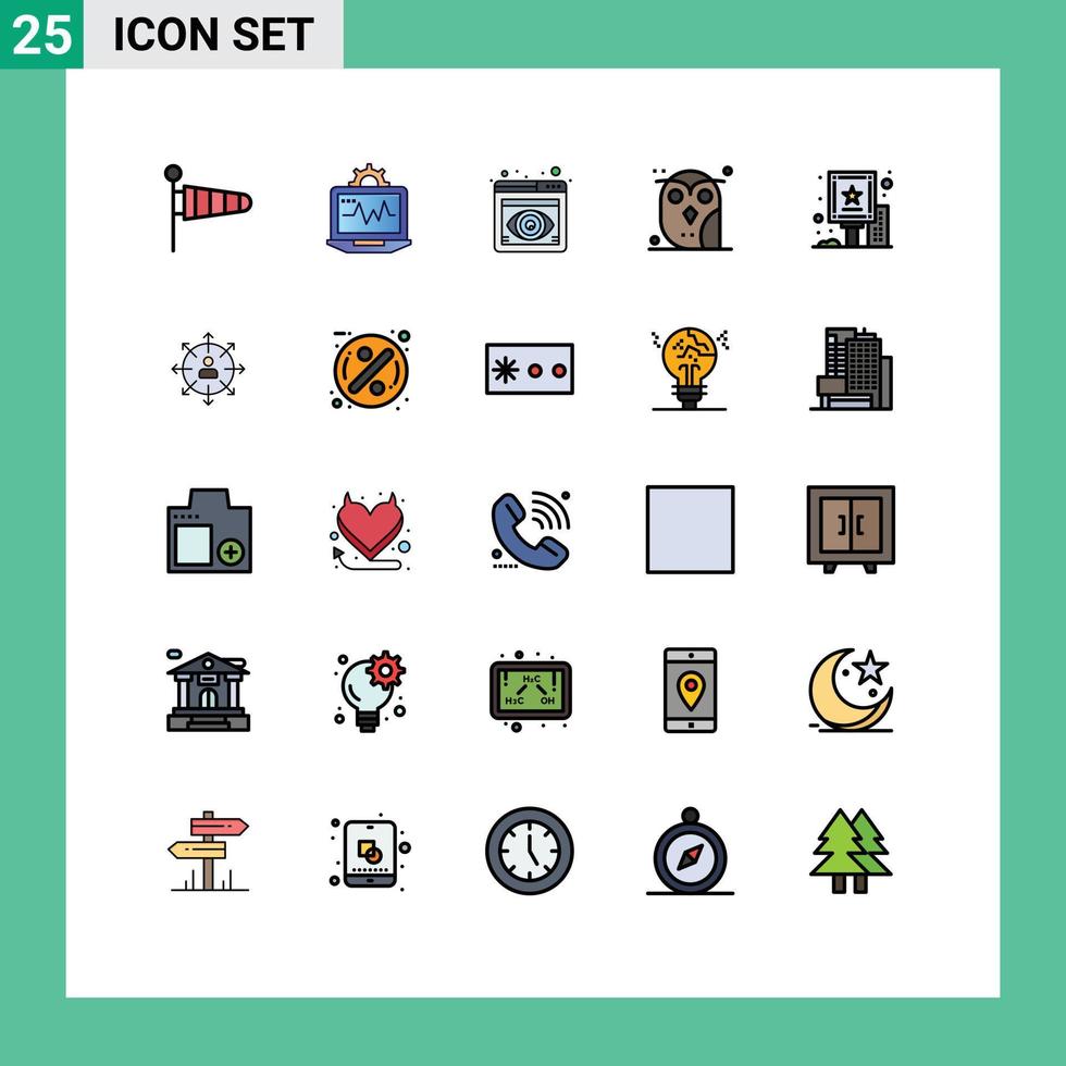 uppsättning av 25 vektor fylld linje platt färger på rutnät för annons Uggla öga natt djur- redigerbar vektor design element