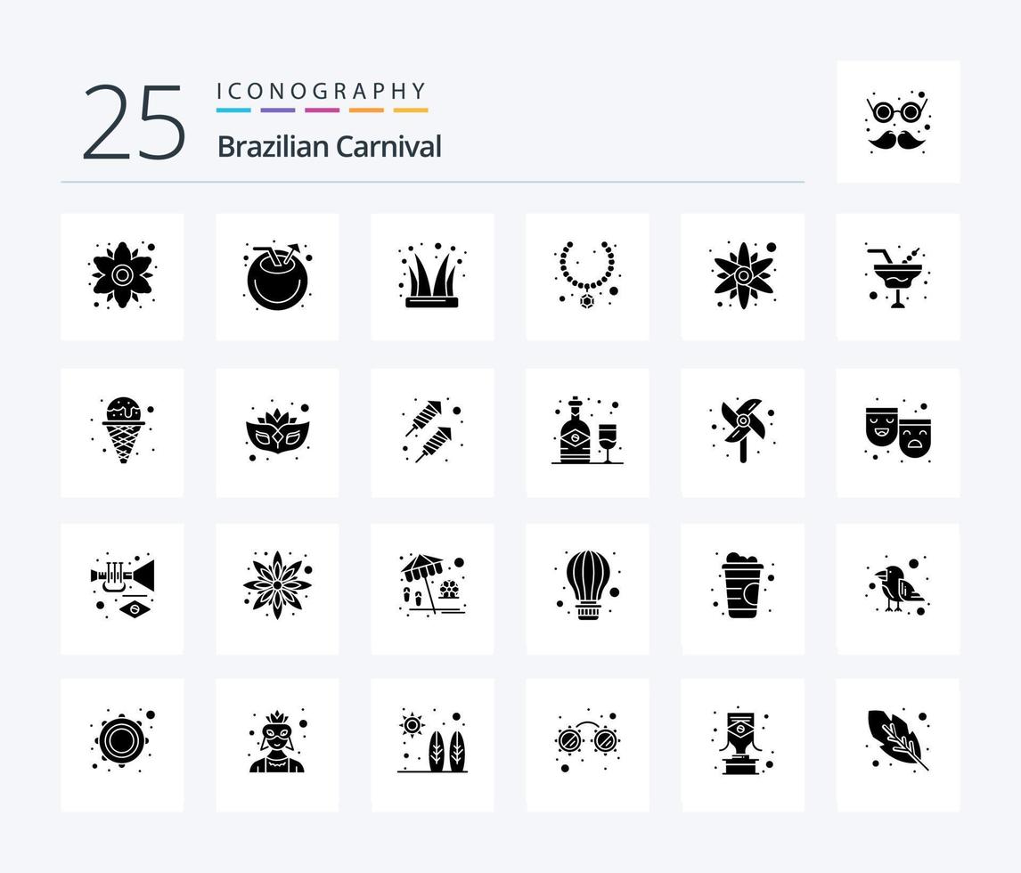 Brasilianer Karneval 25 solide Glyphe Symbol Pack einschließlich Rose. gegenwärtig. Hanswurst. Halskette. Joker Deckel vektor