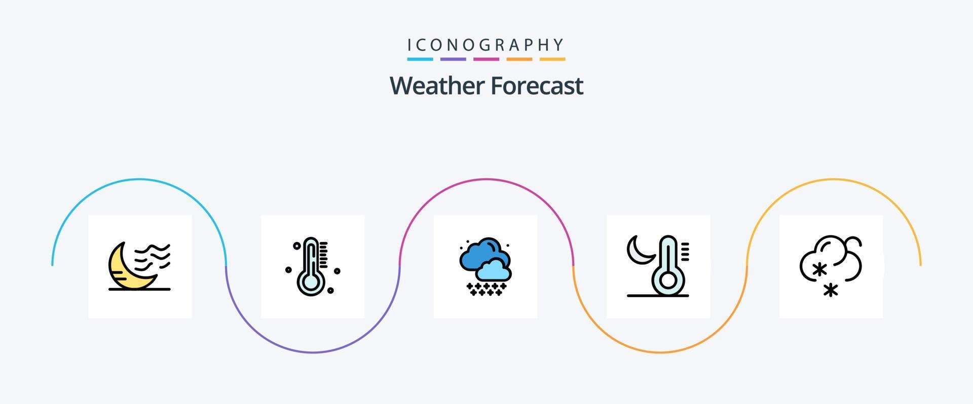 väder linje fylld platt 5 ikon packa Inklusive snö. temperatur. regn. natt. klimat vektor