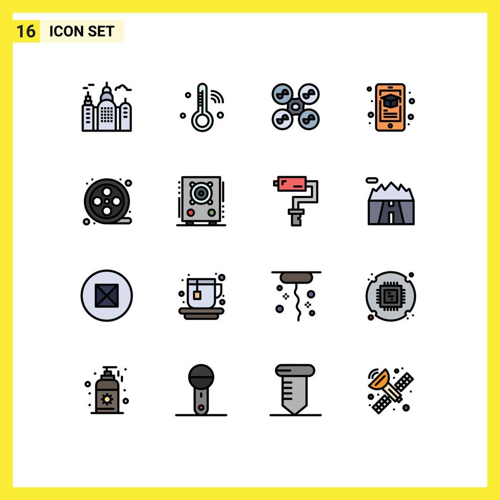 uppsättning av 16 kommersiell platt Färg fylld rader packa för rulle film flyga smartphone inlärning redigerbar kreativ vektor design element