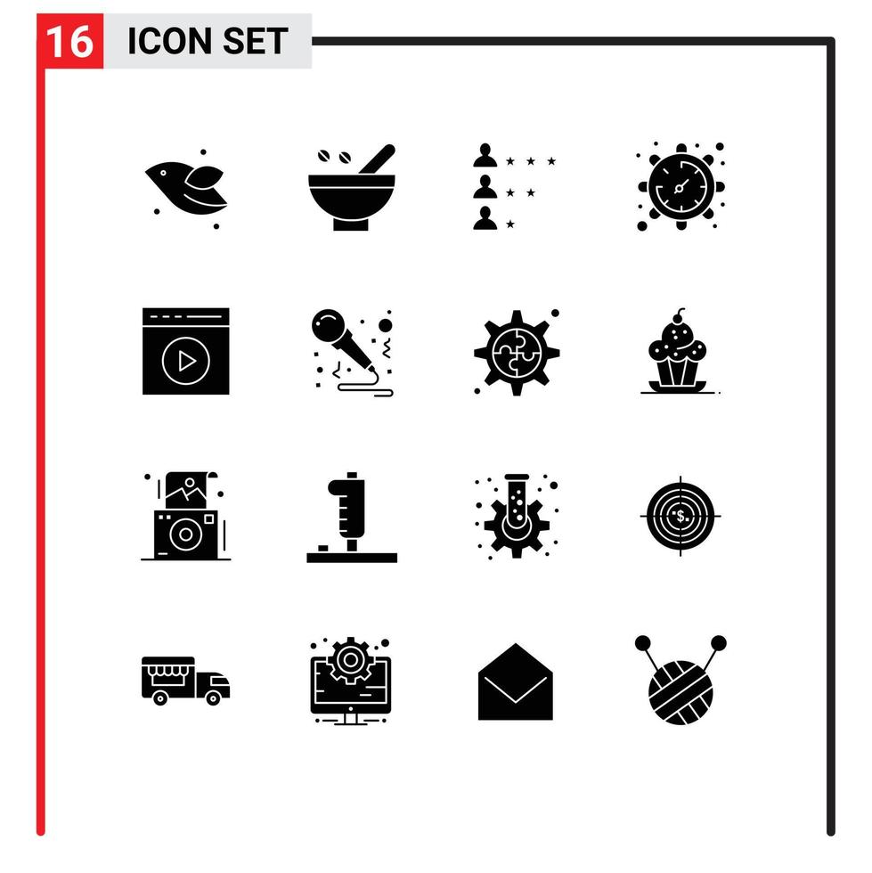 Universal- Symbol Symbole Gruppe von 16 modern solide Glyphen von Uhr Rahmen organisch Ausrüstung finden editierbar Vektor Design Elemente