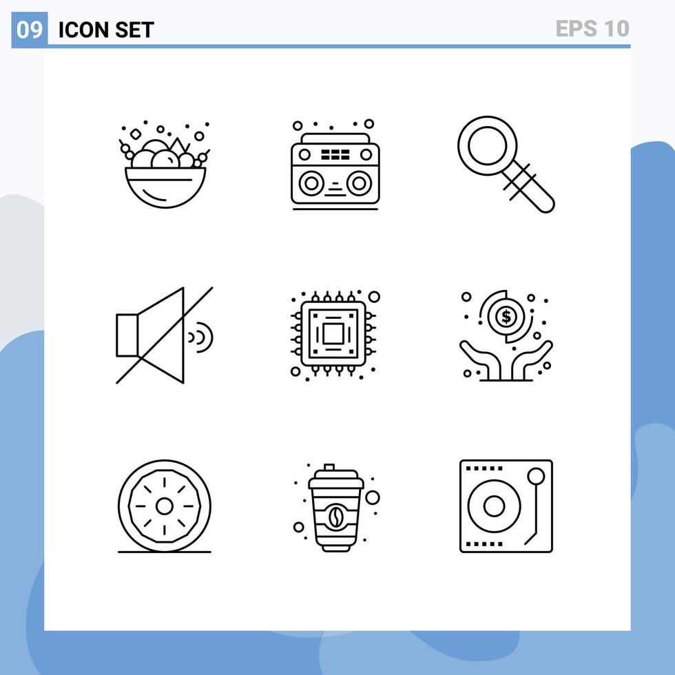 uppsättning av 9 modern ui ikoner symboler tecken för händer mikrochip se hårdvara volym redigerbar vektor design element