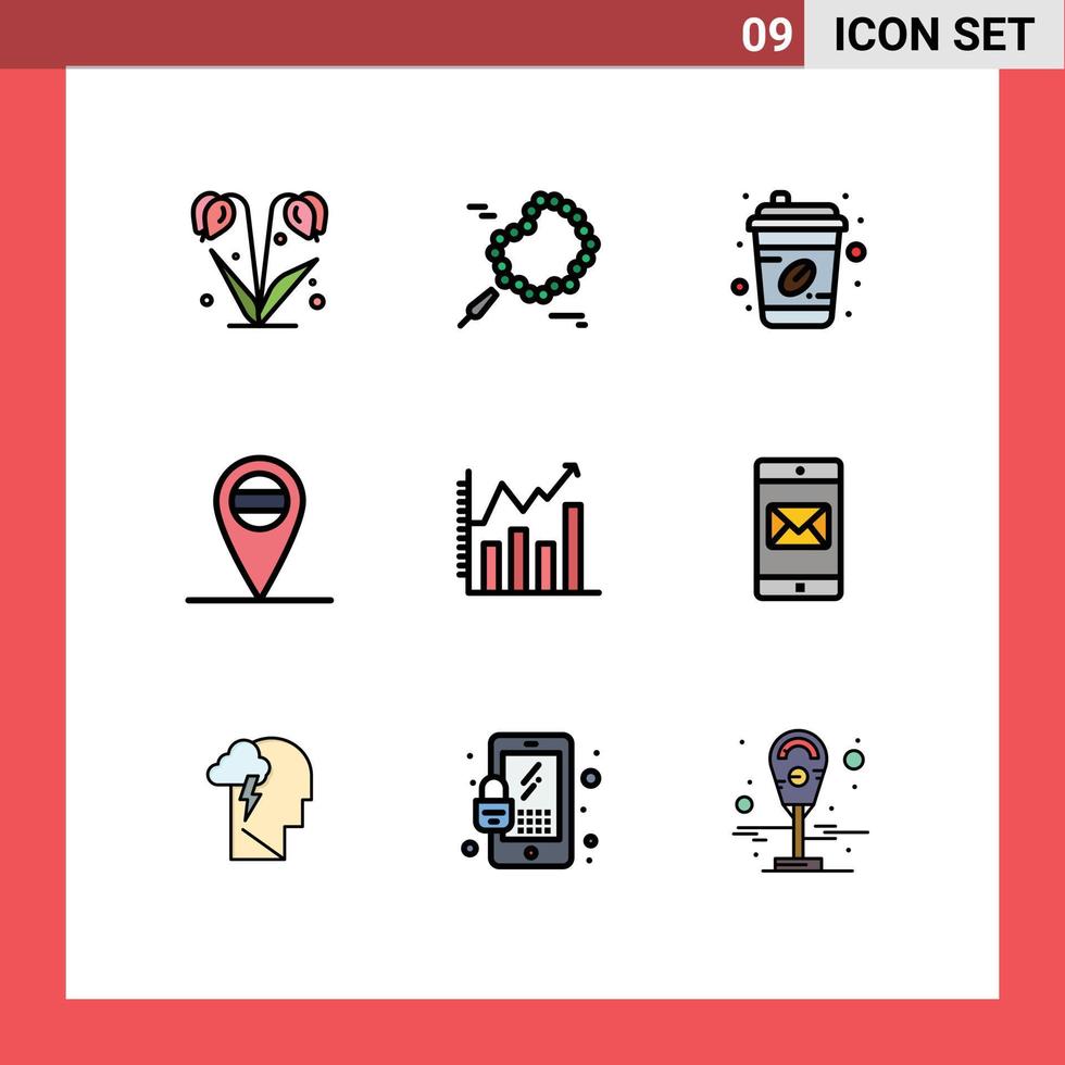 9 Universal- gefüllte Linie eben Farbe Zeichen Symbole von Handy, Mobiltelefon Diagramm Kaffee Tasse Analytik Analyse editierbar Vektor Design Elemente