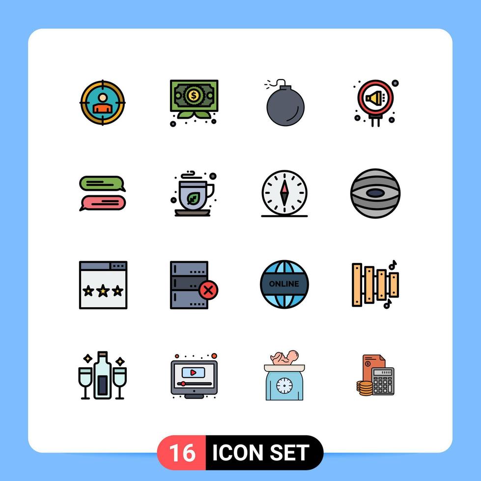 Gruppe von 16 modern eben Farbe gefüllt Linien einstellen zum SMS chatten explosiv Ruf Öffentlichkeit editierbar kreativ Vektor Design Elemente