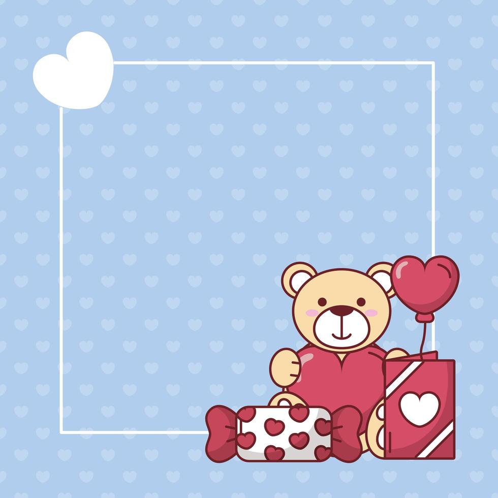Alla hjärtans dag nallebjörn med hjärta ballong och godis vektor design