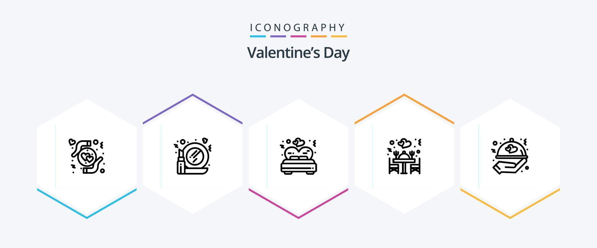 valentines dag 25 linje ikon packa Inklusive kärlek. tabell. säng. restaurang. middag vektor