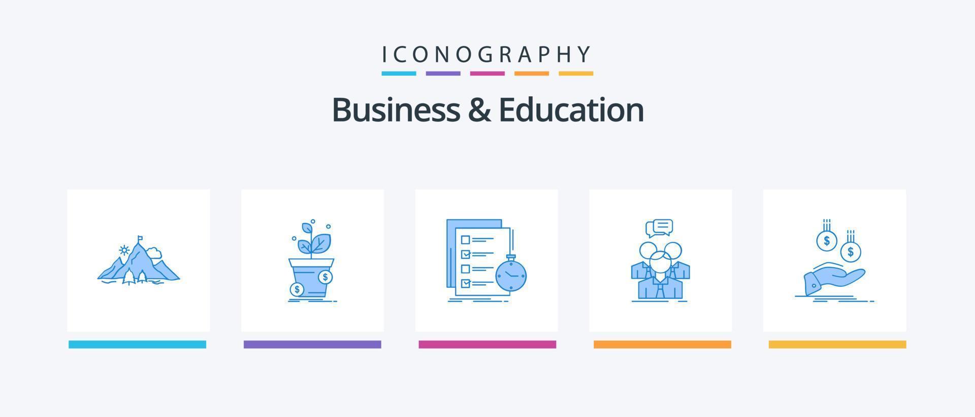företag och utbildning blå 5 ikon packa Inklusive möte. grupp. vinst. tid. lista. kreativ ikoner design vektor