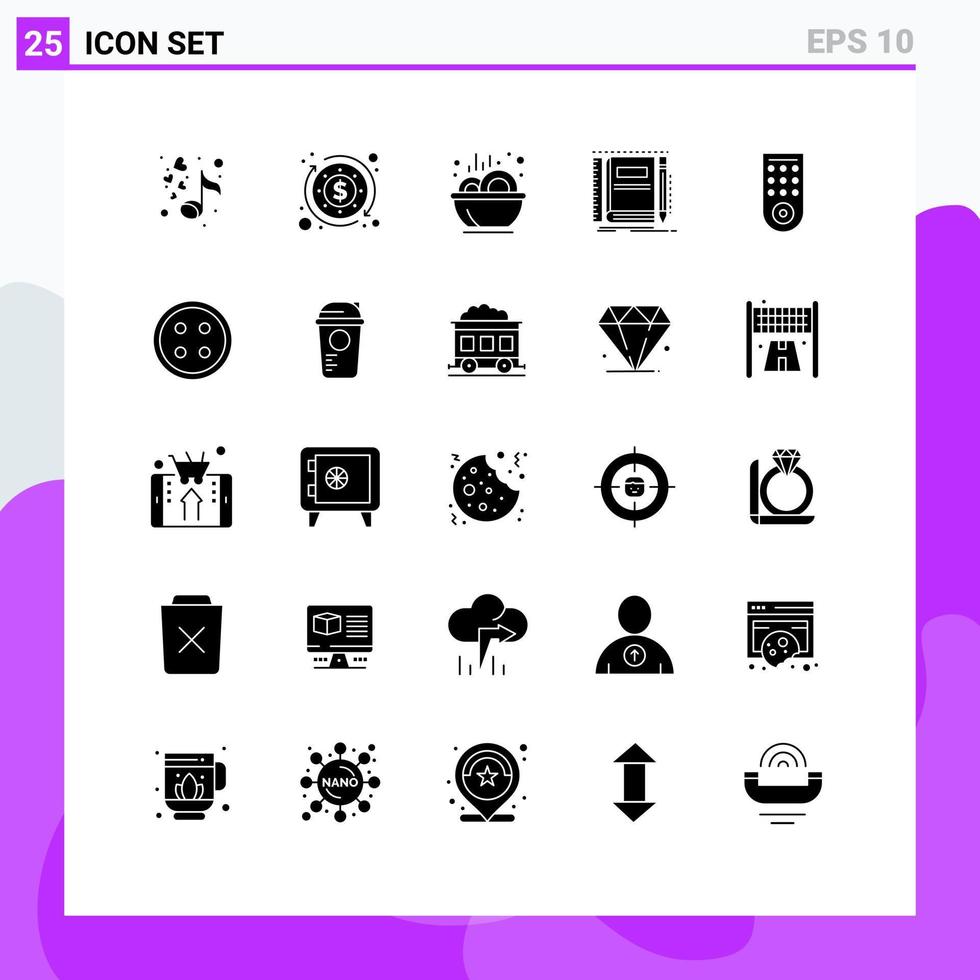 grupp av 25 fast glyfer tecken och symboler för avlägsen skiss mat ficka anteckningsbok redigerbar vektor design element