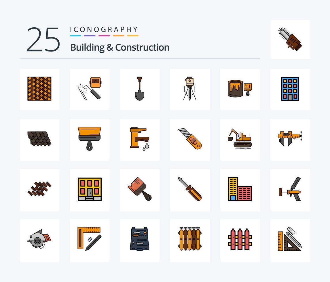 Gebäude und Konstruktion 25 Linie gefüllt Symbol Pack einschließlich Laser. Reparatur. Maschine. Werkzeug. Showel vektor