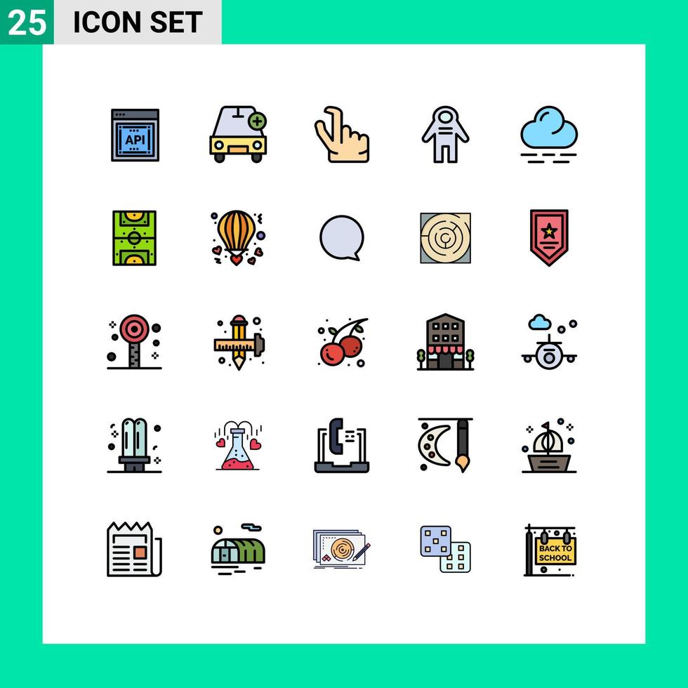mobil gränssnitt fylld linje platt Färg uppsättning av 25 piktogram av värma Plats resande fordon människor astronaut redigerbar vektor design element