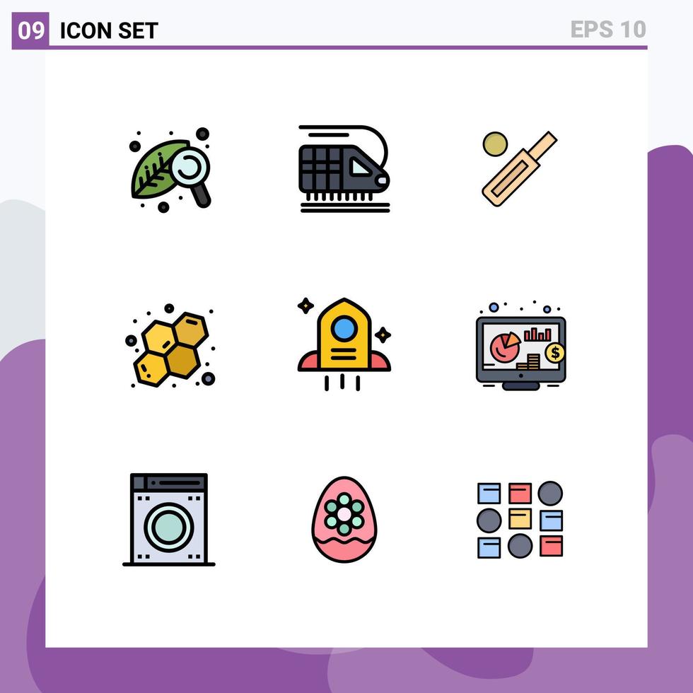 9 universell fylld linje platt färger uppsättning för webb och mobil tillämpningar Plats astronomi boll vetenskap atom redigerbar vektor design element