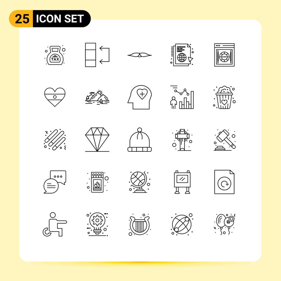 Piktogramm einstellen von 25 einfach Linien von synchronisieren Globus Schnurrbart Datei Männer editierbar Vektor Design Elemente