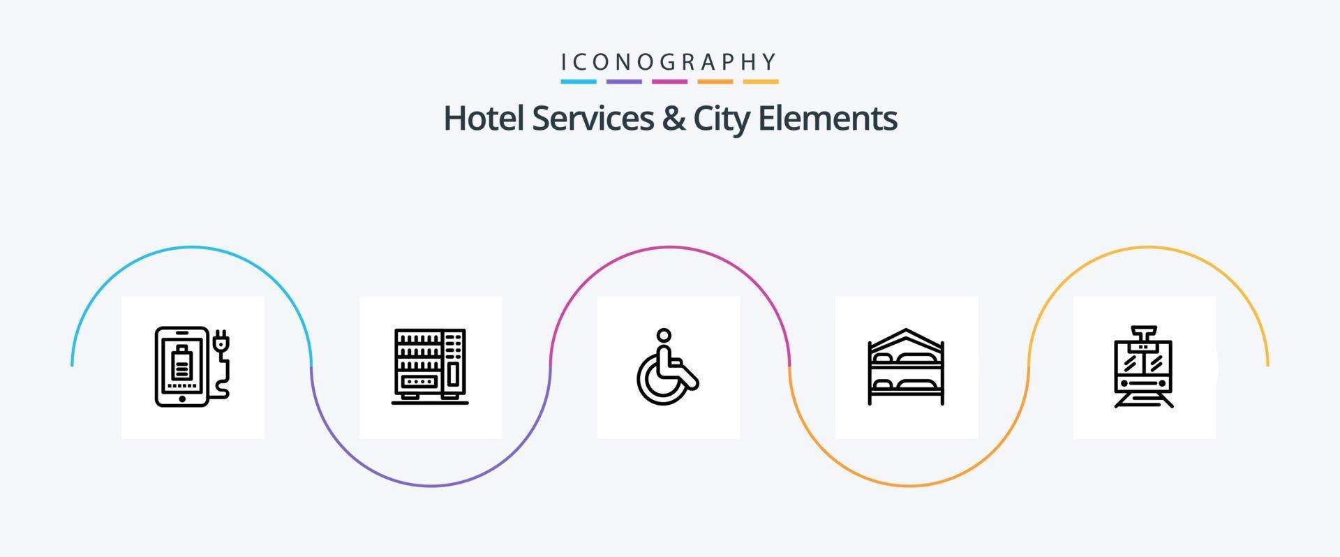 hotell tjänster och stad element linje 5 ikon packa Inklusive tåg . service. barnstol. säng vektor