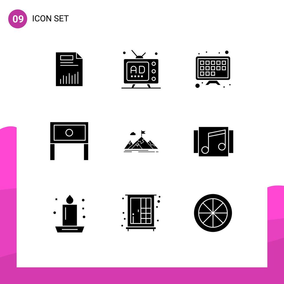 Pack von 9 kreativ solide Glyphen von Haushalt Ende Marketing Fernseher Bildschirm Internet editierbar Vektor Design Elemente