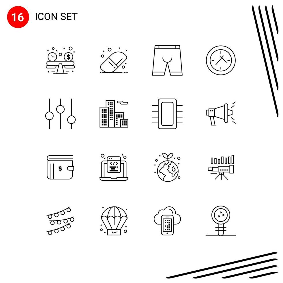 Gruppe von 16 Umrisse Zeichen und Symbole zum Wohnung Optionen Kleidung Kontrollen Zeit editierbar Vektor Design Elemente