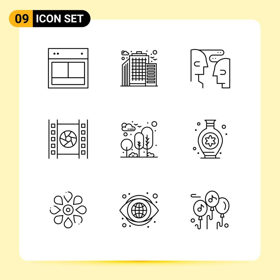 grupp av 9 modern konturer uppsättning för trädgård multimedia hjärna film filma redigerbar vektor design element