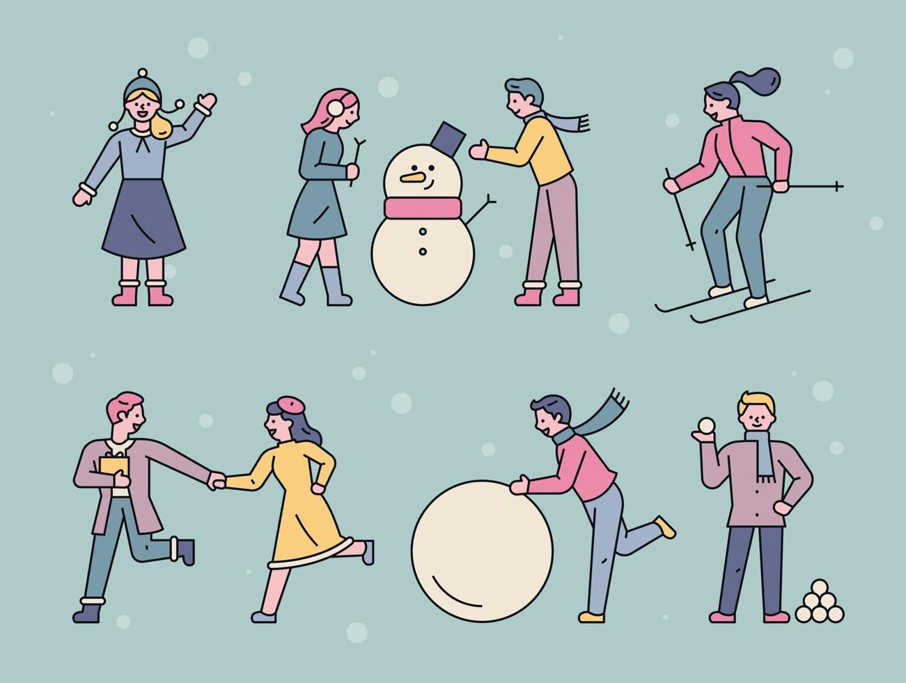 människor som leker ute på en snöig dag. vektor