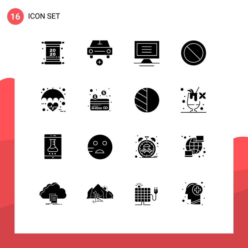 16 solide Glyphe Konzept zum Websites Handy, Mobiltelefon und Apps medizinisch Gesundheitswesen Fahrzeuge einstellen Verbot editierbar Vektor Design Elemente