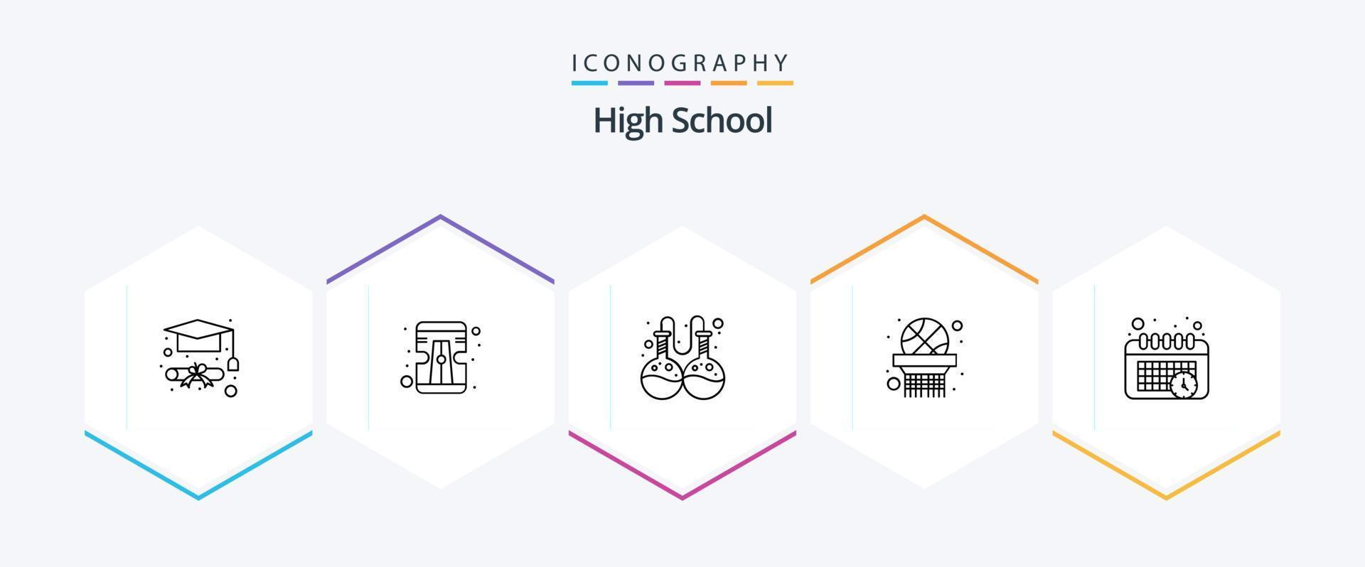 hoch Schule 25 Linie Symbol Pack einschließlich . . Forschung. Zeit. Kalender vektor