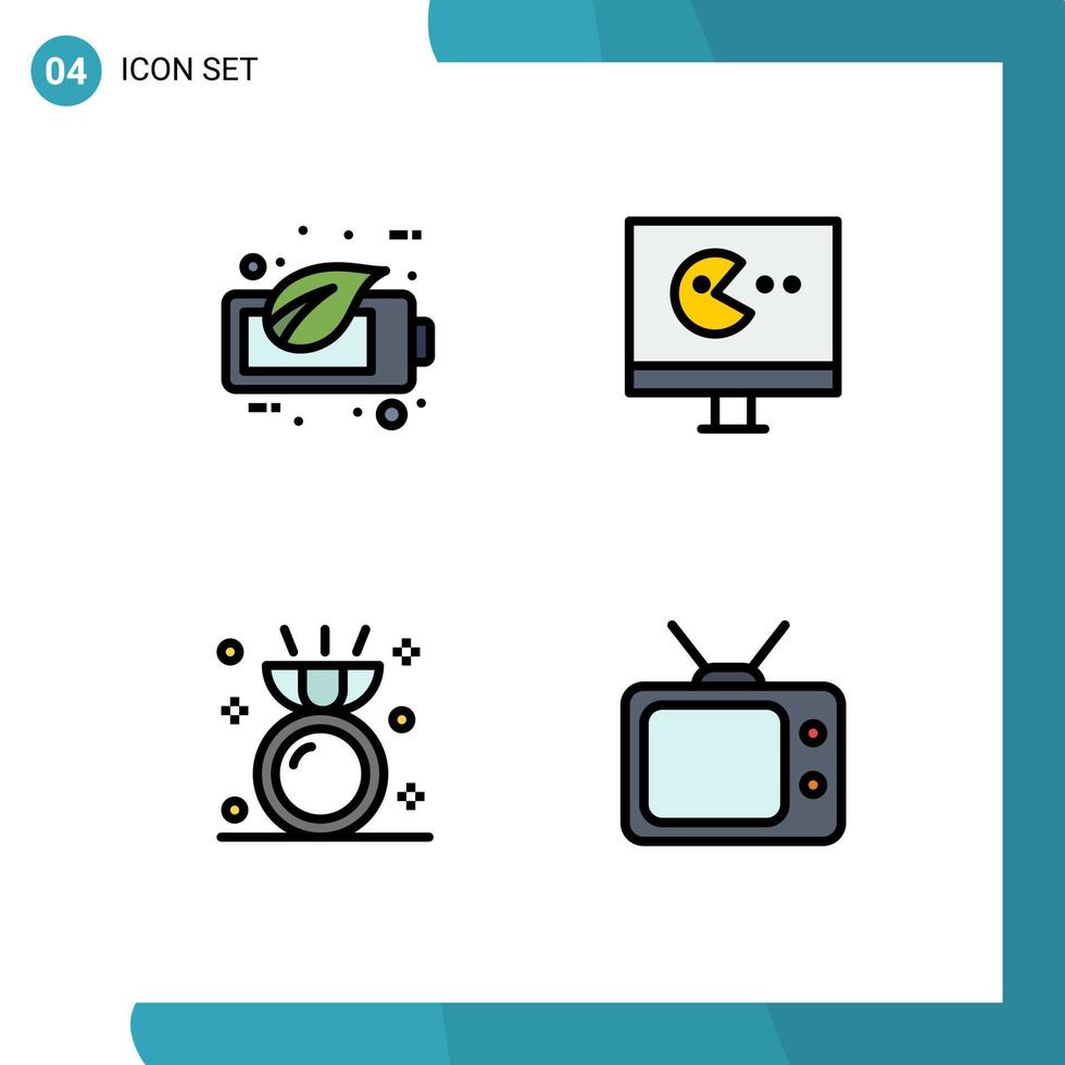 4 tematiska vektor fylld linje platt färger och redigerbar symboler av eco Smycken batteri video tv redigerbar vektor design element