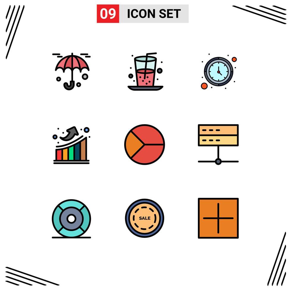 9 universell fylld linje platt färger uppsättning för webb och mobil tillämpningar finansiera företag timer upp tillväxt redigerbar vektor design element