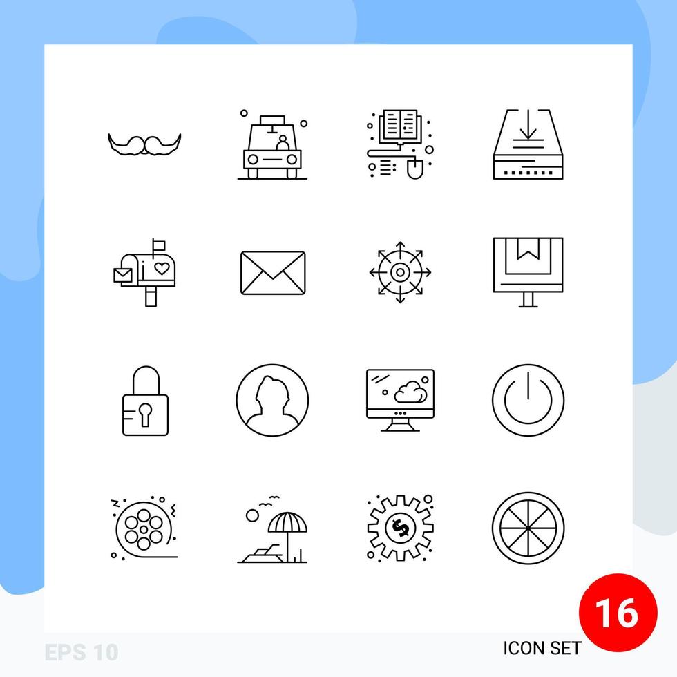 Pack von 16 modern Umrisse Zeichen und Symbole zum Netz drucken Medien eine solche wie Mail Box Posteingang Stift Email ebook editierbar Vektor Design Elemente