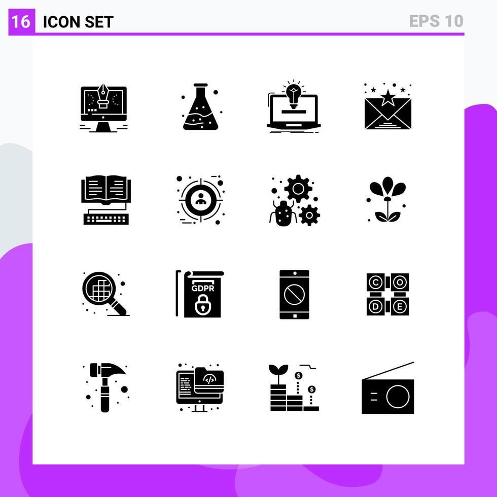 fast glyf packa av 16 universell symboler av utbildning kommunikation bärbar dator favorit lösning redigerbar vektor design element