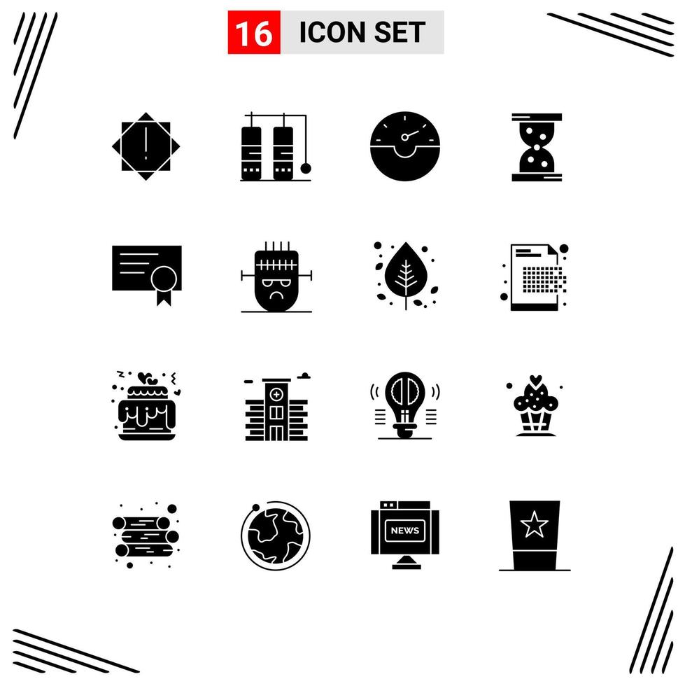 solide Glyphe Pack von 16 Universal- Symbole von Halloween Frankenstein Geschwindigkeit Bildung Zertifikat editierbar Vektor Design Elemente