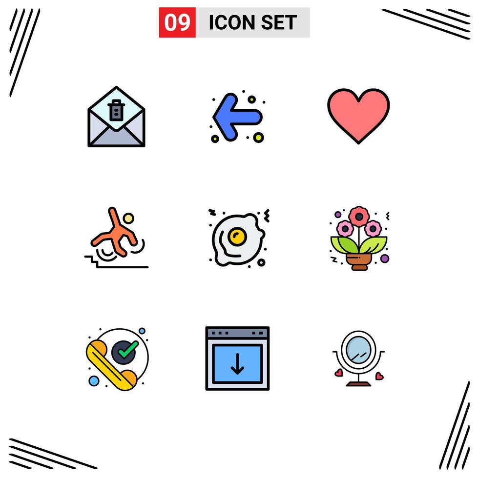 uppsättning av 9 vektor fylld linje platt färger på rutnät för mat friterad ägg gränssnitt falla misslyckades redigerbar vektor design element