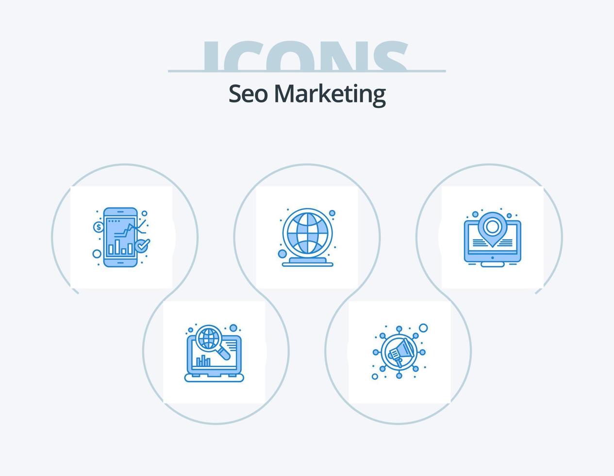 SEO Marketing Blau Symbol Pack 5 Symbol Design. Platz Halter. Hitze Karte. Markt. Markt Ort. Globus vektor