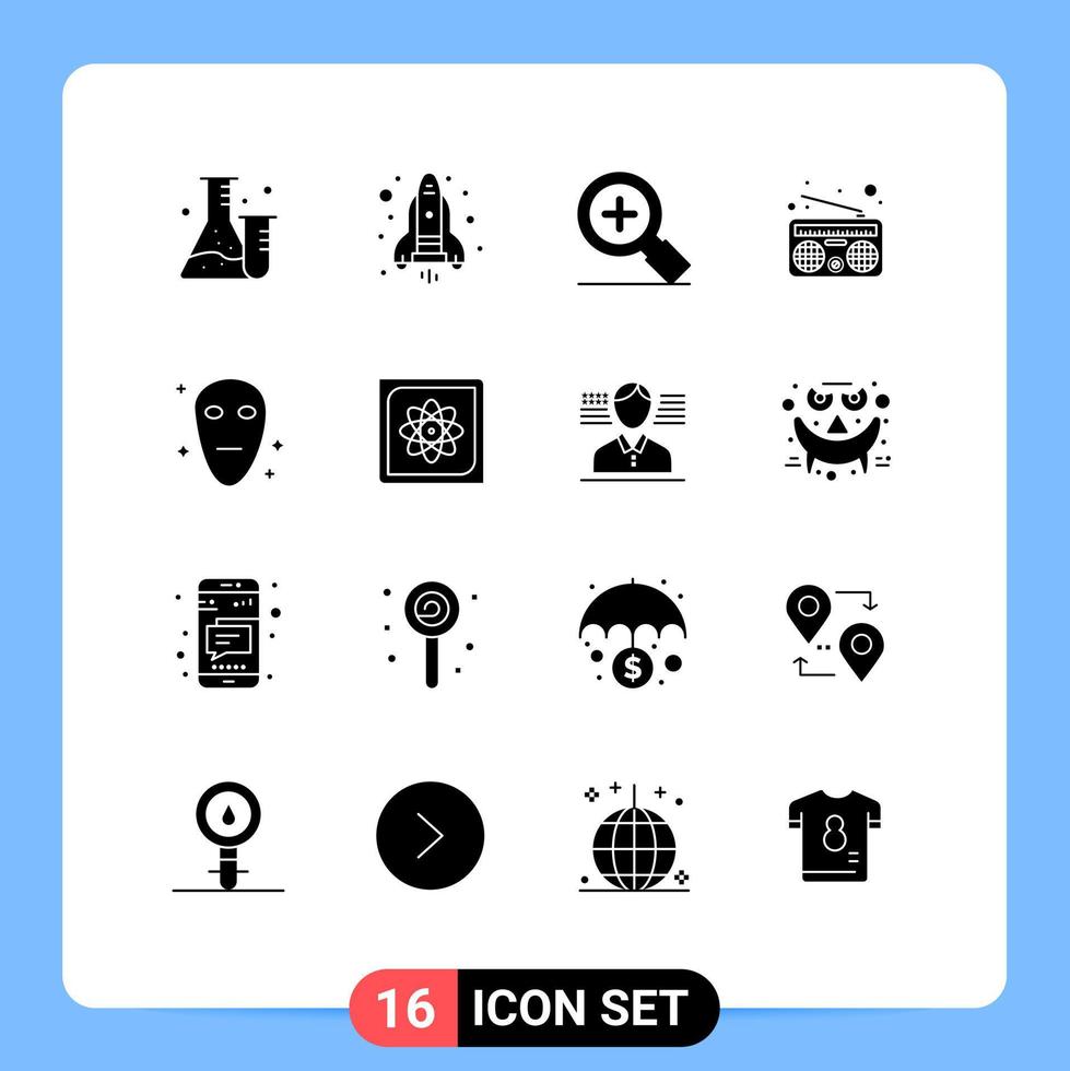 Gruppe von 16 modern solide Glyphen einstellen zum Computer Raum Plus Galaxis Radio editierbar Vektor Design Elemente