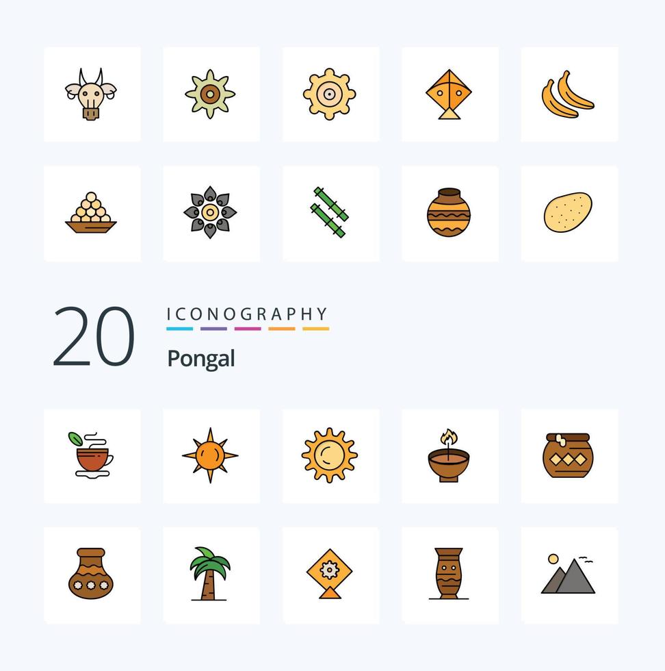 20 pongal linje fylld Färg ikon packa tycka om indisk djur deepam prydnad lampa vektor