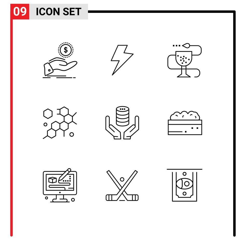 modern uppsättning av 9 konturer pictograph av hand vetenskap sjukdom molekyl apotek redigerbar vektor design element