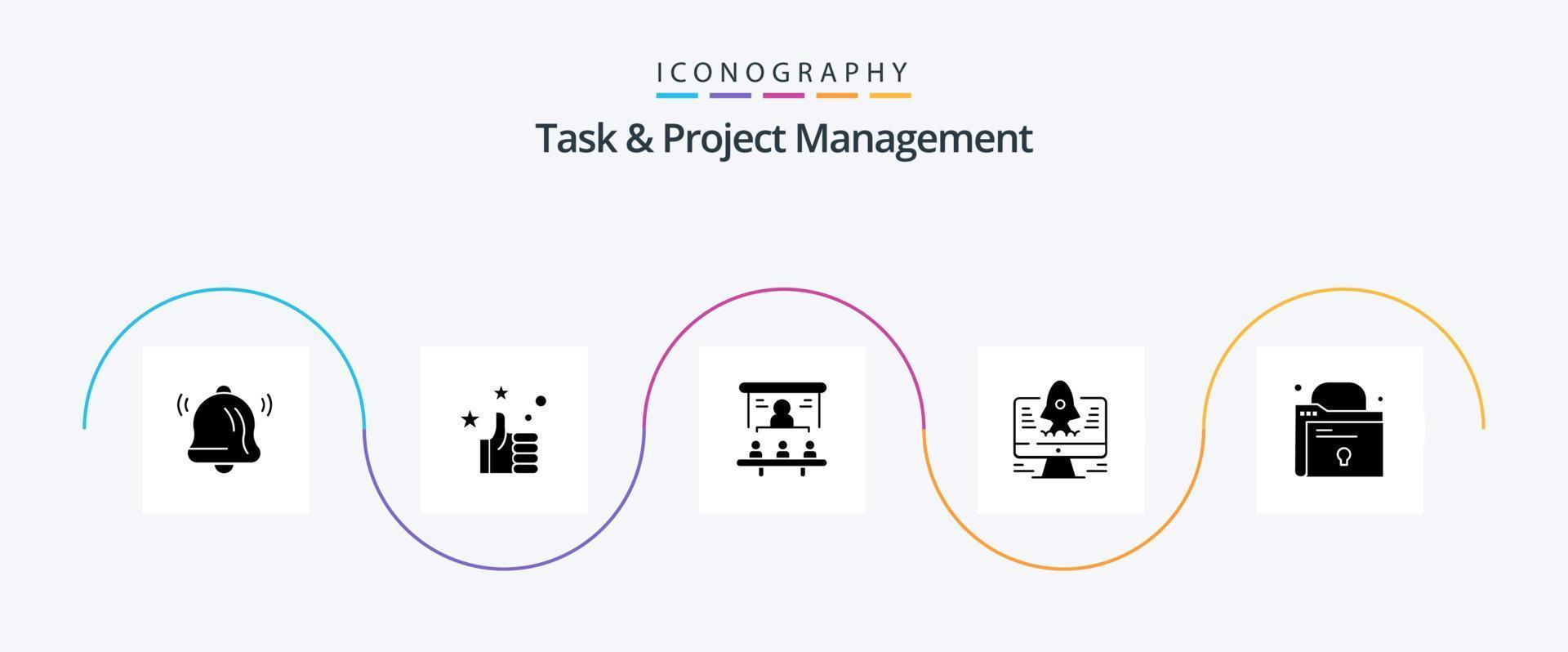 uppgift och projekt förvaltning glyf 5 ikon packa Inklusive börja. dator . människor vektor