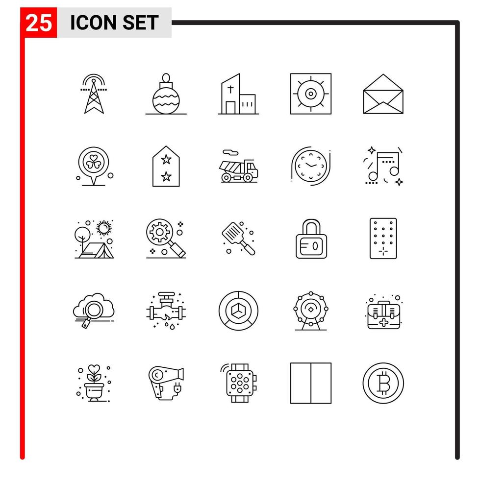 Lager Vektor Symbol Pack von 25 Linie Zeichen und Symbole zum Mail Vorlieben Gebäude Getriebe Kloster editierbar Vektor Design Elemente