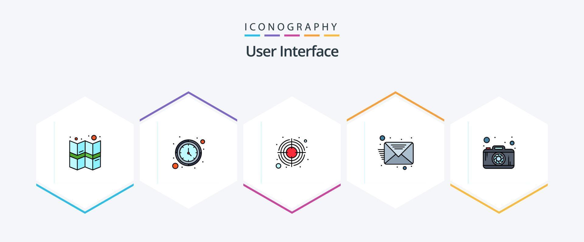 Benutzer Schnittstelle 25 gefüllte Linie Symbol Pack einschließlich . Kamera. Pfeil. Foto. Posteingang vektor
