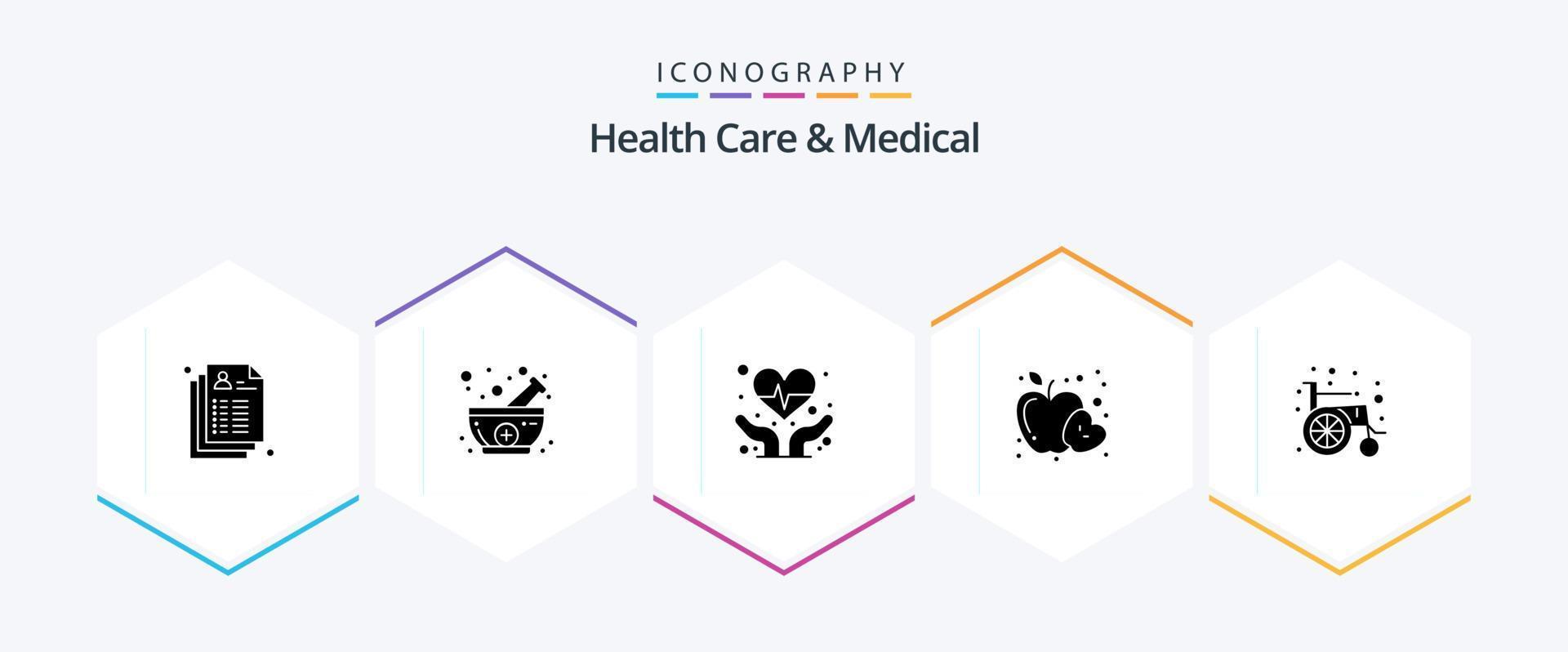 hälsa vård och medicinsk 25 glyf ikon packa Inklusive hjul stol. medicinsk. kardiogram. hälsa. mat vektor