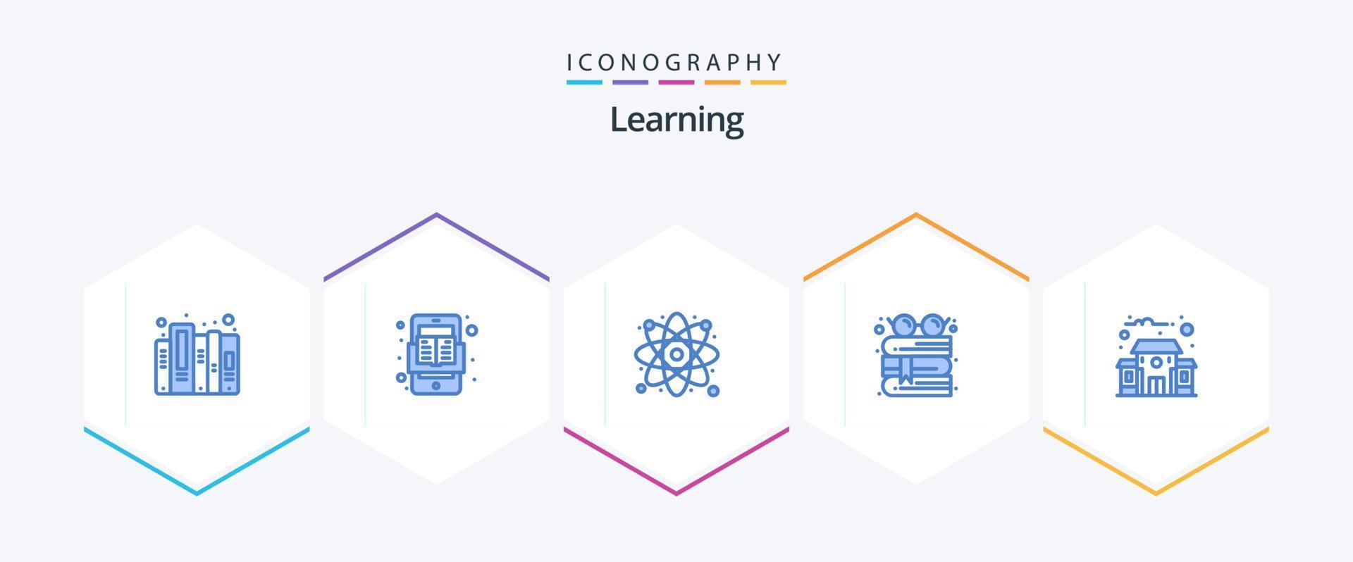 Lernen 25 Blau Symbol Pack einschließlich Bildung Gebäude. Lektüre. Forschung. Brille. Buch vektor