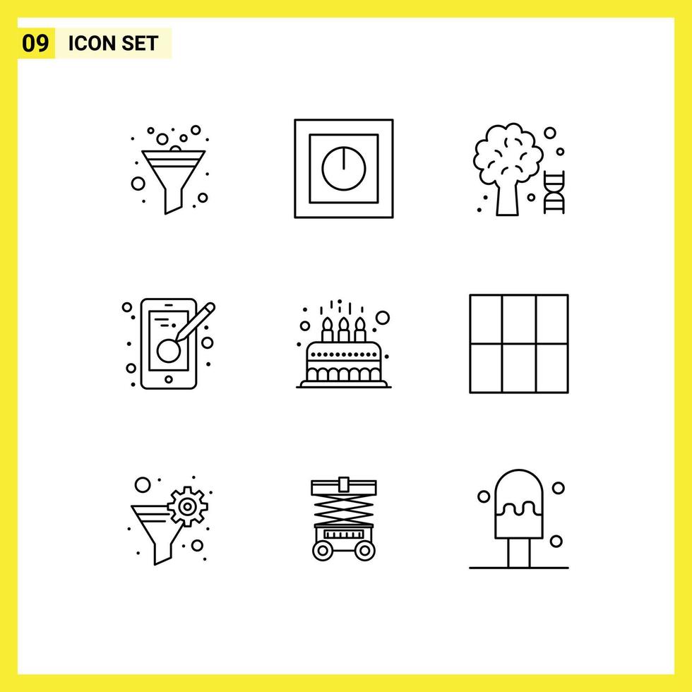 9 thematisch Vektor Umrisse und editierbar Symbole von Kuchen Handy, Mobiltelefon Wissen Entwerfen Kreativität editierbar Vektor Design Elemente