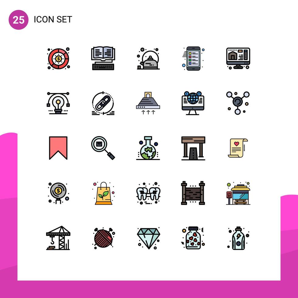 25 universell fylld linje platt Färg tecken symboler av utskrift lista frukost mobil checklista redigerbar vektor design element