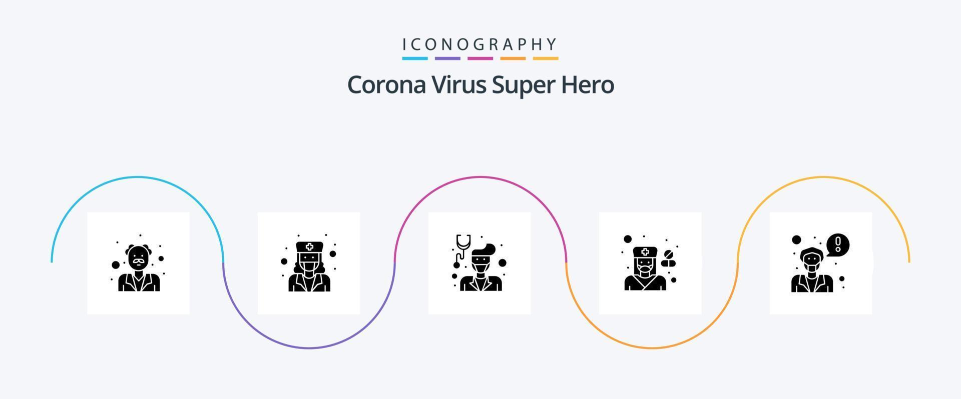 Corona Virus Super Held Glyphe 5 Symbol Pack einschließlich Fragen ein Arzt. Apotheker. männlich. Krankenhaus. weiblich vektor