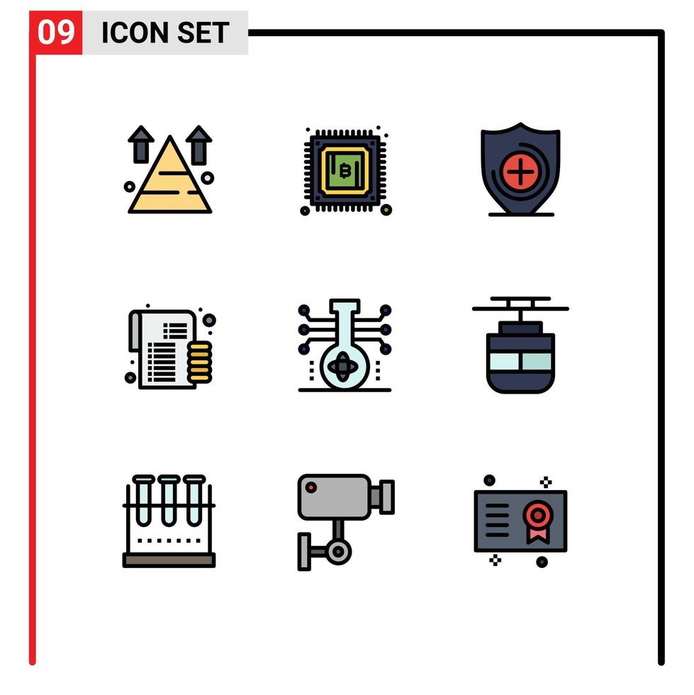9 användare gränssnitt fylld linje platt Färg packa av modern tecken och symboler av molekyl kemi medicinsk pengar mynt redigerbar vektor design element