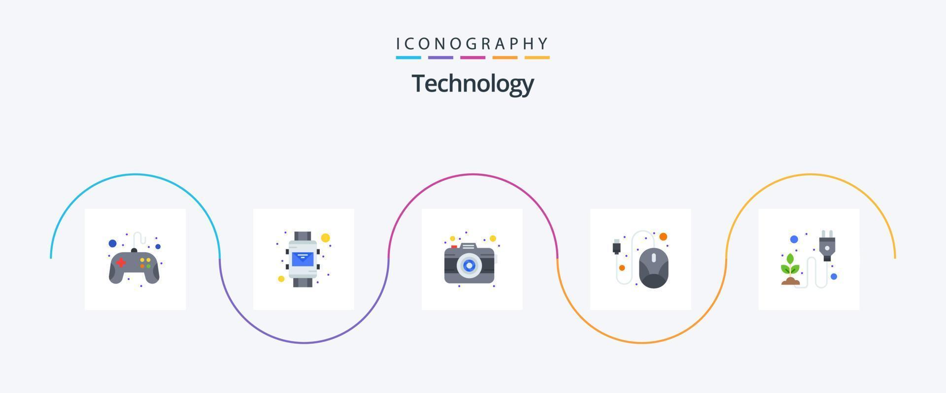 Technologie eben 5 Symbol Pack einschließlich Elektrizität. Hardware. Kamera. Maus. Computer vektor