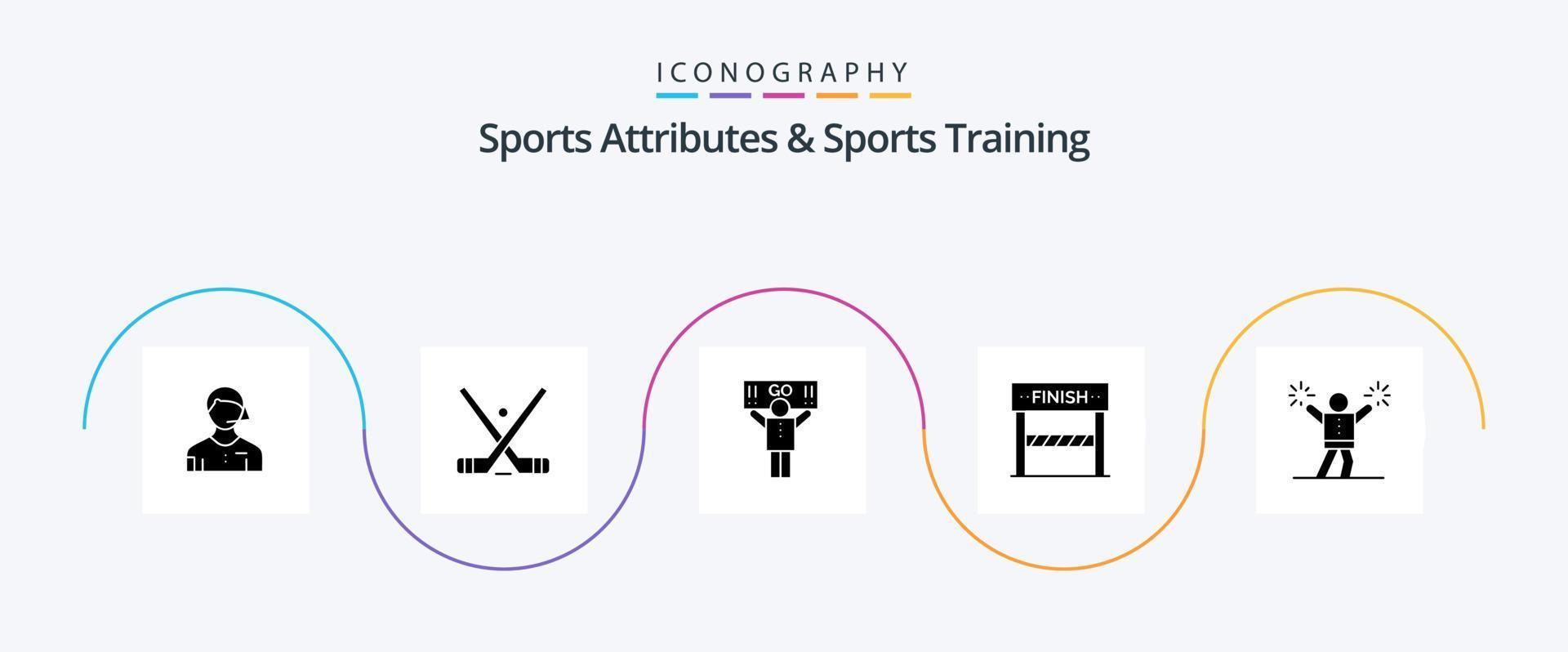 sporter attribut och sporter Träning glyf 5 ikon packa Inklusive spel. linje. pinne. Avsluta. Stöd vektor